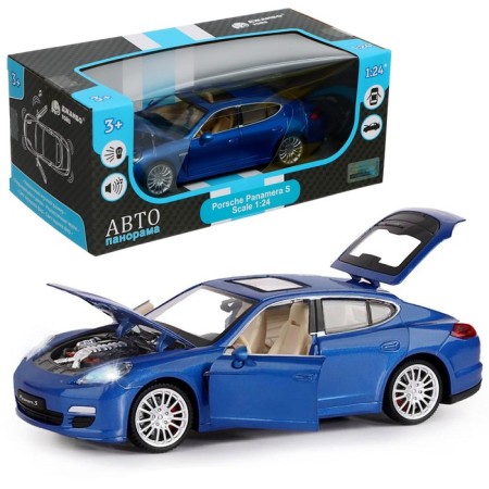 Metal machine Porsche Panamera S, 1: 24, doors, hood and trunk, light and sound effects, blue color open