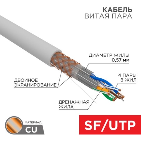 Bay cable twisted pair S/FTP, CAT 7, PVC, 4PR, 23AWG, Indoor, Solid, Gray, 305 m, rexant
