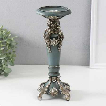 Polystone candlestick for 1 candle "Flower elegy" dark gray silver 10.5x10.5x27 cm