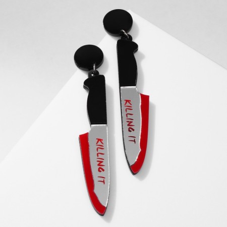 Acryl Earrings "knives" bloodied, red-white color in ferrous metal-2