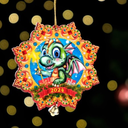 Christmas tree toy "Dragon in the snowflake", lamination, 88 x 88mm-1