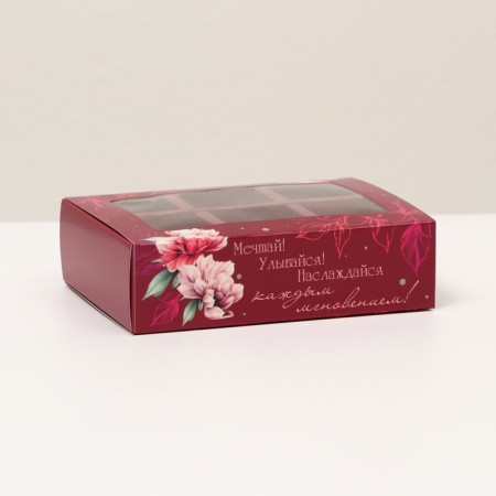 Box for 6 pcs of sweets with a window, spring, burgundy 13.7 x 9.85 x 3.8 cm-1