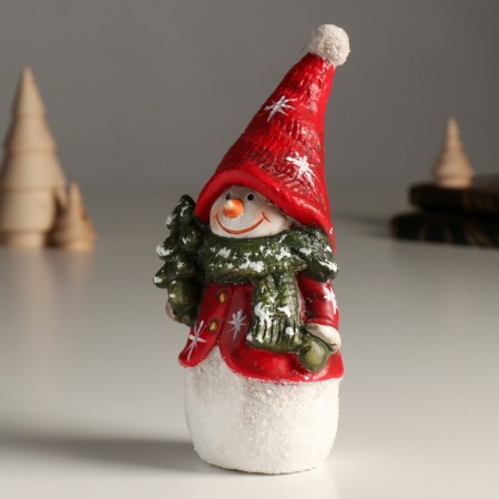 Souvenir Polystone "Snowman in red with a green scarf, holds the Christmas tree" 9.3x8.2x18.7 cm-4