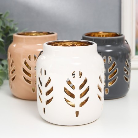 Ceramics candlestick for 1 candle "Lantern. Leaves" inside gold Mix 11.5x9.5x9.5 cm-1