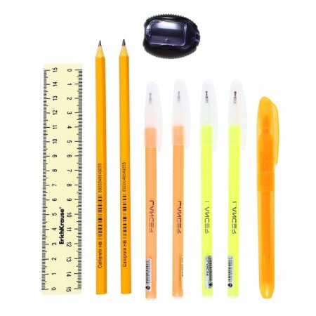 Cleaning set 10 objects (pencil case 65 x 210 mm, pens 4 pieces of blue color, ruler 15 cm, sharpener, pencil 2 pieces, textbook), peach-5