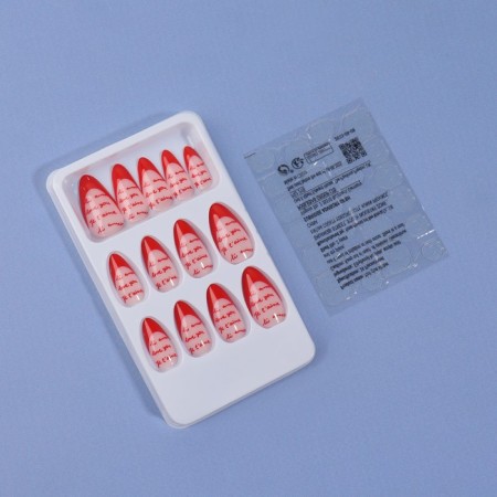 Love overhead nails, 24 pcs, with adhesive plates, almond shape, pink/red color-1