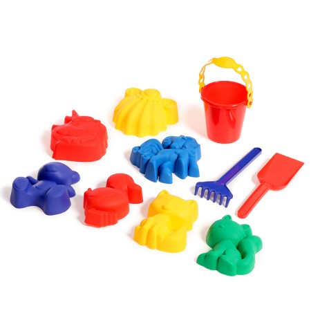 Set for playing in sand No. 111: 6 molds for sand, scoop, rake, bucket, mix-7