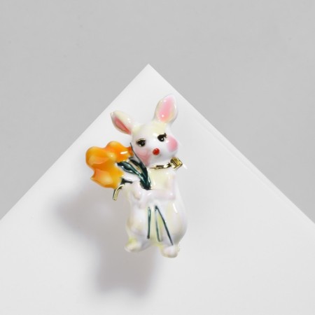 Broach "Bunny" with a bouquet, colored in gold-1