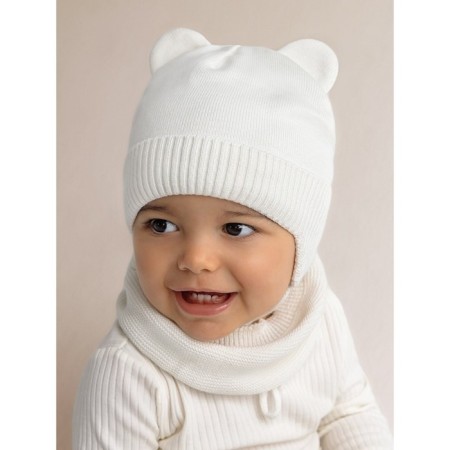 A cap on ties with ears children's Amarobaby Pure Love Bear, with a lining, size 46-48 cm, dairy color