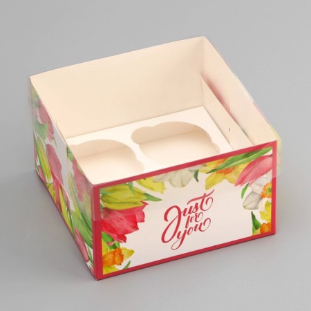 Box for 4 cupcake with a transparent lid, "tulips", 16 × 16 × 10 cm, confectionery packaging-1