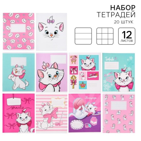 A set of notebooks is 20 pieces, 12 sheets, 10 in a cage and 10 in a ruler, a covered cardboard, cats aristocrats