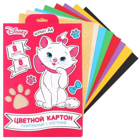 Cardboard color with sparkles, A4, 8 sheets, 8 colors, non -moped, bilateral, in the folder, 250 g/m², cats aristocrats-1