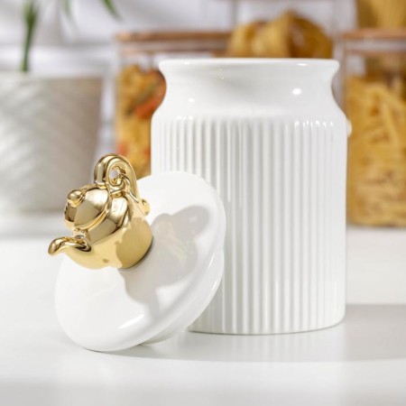 Ceramic bank for bulk products "Golden Teapot", 10 × 19 cm, white color-1