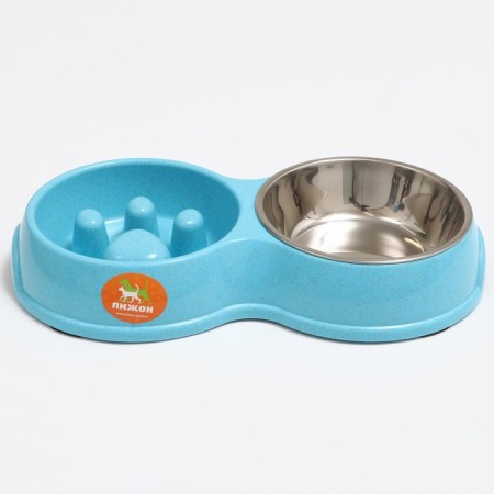 Double bowl for slow feeding 30.5 x 17 x 5 cm, blue-1
