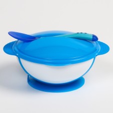 Feeding set: a bowl on the suction cup 340 ml., With a lid, a thermal carp, the color is blue