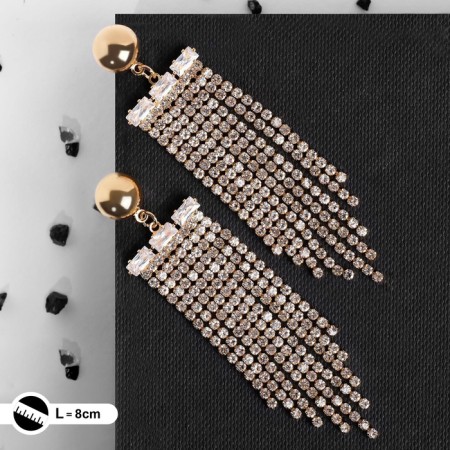 Hanging earrings with rhinestones "Moulin Rouge", white color in gold, 8 cm