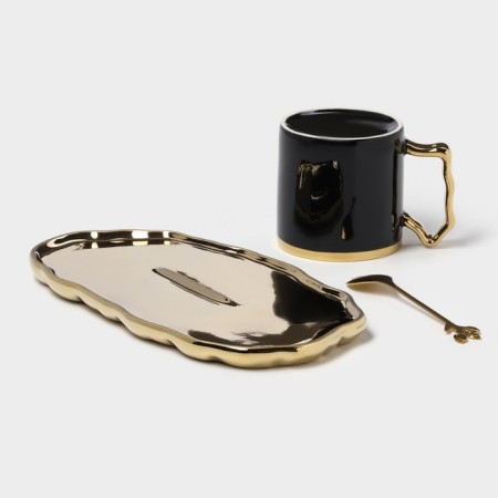 Tea couple ceramic "luxury", 3 items: mug 250 ml, saucer 23.5 × 13 cm, spoon, black color-7