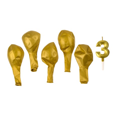 Set of candle in a cake + 5 balls, number 3, gold-2