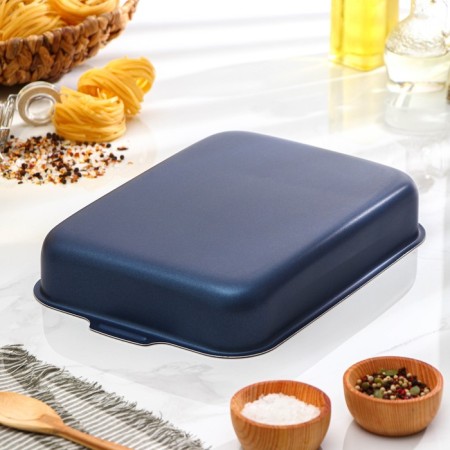 A set of baking sheets with solid handles, without covers, 2 items: 19 × 25 cm, 23 × 30 cm, anti -stick coating, blue color-3