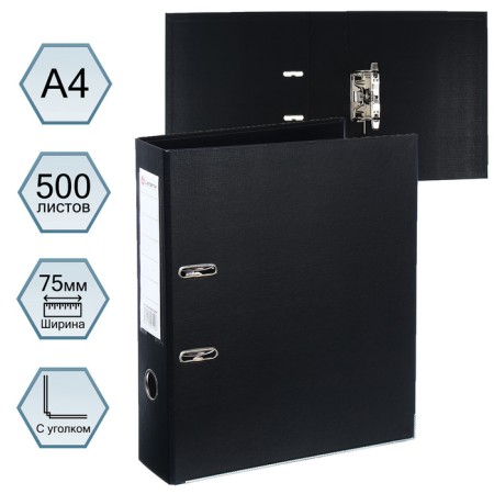A4, 75 mm, Lamark, PVC, double-sided coating, metal edging, pocket for a spine, collected, black/black