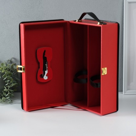 Casket wood, leatherette for 2 bottles "pleasure" black-red 1 object 12x21x36 cm-2