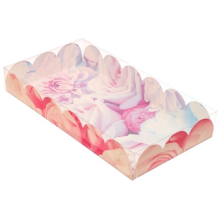 Cookie box, confectionery packaging with PVC lid, “peonies”, 10.5 x 21 x 3 cm