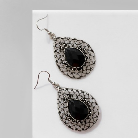 Earrings "Drops" openwork hearts, black color in black silver-1