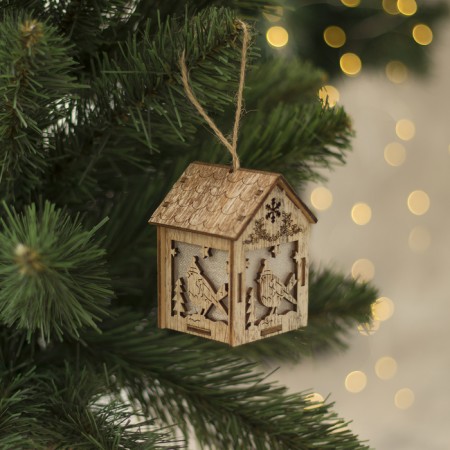 Christmas tree toy "House with a bird", from batteries, glow warm white-1