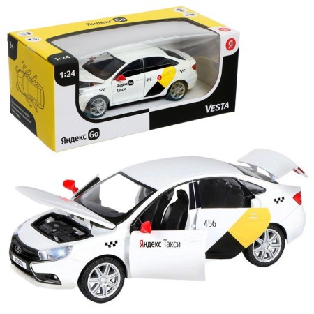 Metal machine "Lada Vesta Yandex Taxi" 1:24, doors, baggage, voiced, white color open