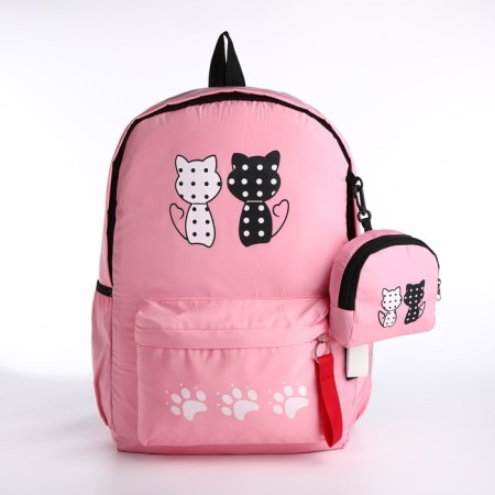 Youth backpack from textiles, 3 pockets, wallet, pink color-3