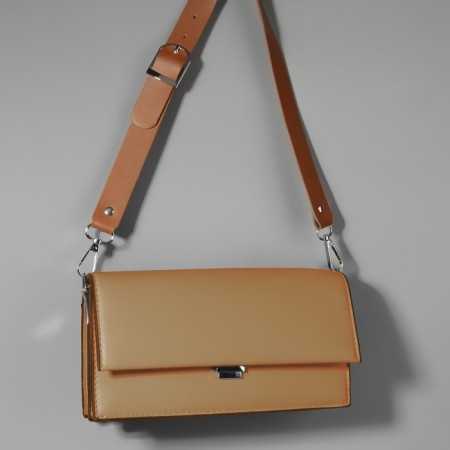 Genuine leather bag, adjustable, with carbines, 60 ± 2 cm × 2.5 cm, beige/silver color-5