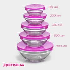A set of glass salad bowls with lids of the “Classic” share, 5 objects: 100/200/300/400/850 ml, purple color
