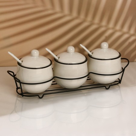 A set of ceramic cans for spices on a hedgehog metal stand, 200 ml, 3 pcs, white color-1