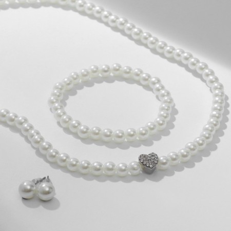Set 3 objects: earrings, beads, bracelet "pearls" heart, white color in silver, 45 cm