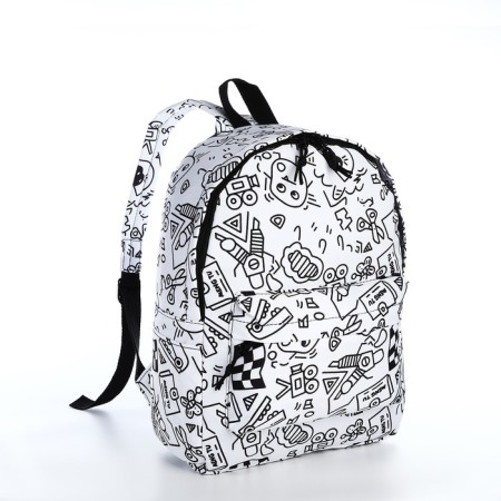 School backpack from textiles on lightning, 3 pockets, white/black color-2