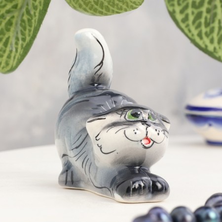 Souvenir "cat", sedentary, striped dark, gzhel-5