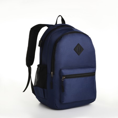 Youth backpack, 2 lightning departments, external pocket, with USB, blue color-2