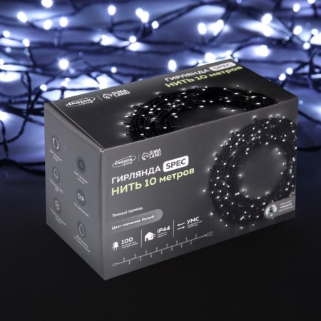 Garland “thread” 10 m, IP44, UMS, dark thread, 100 LED, white glow, flickering all LEDs, 24 V-5