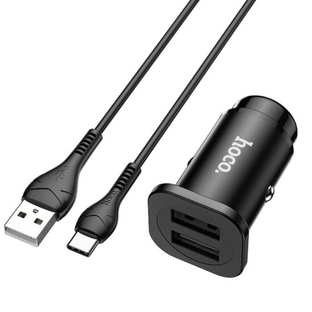 Hoco NZ4, 24 W car charger, 2 USB - 2.4 A, Type -C 1 m cable, black-2