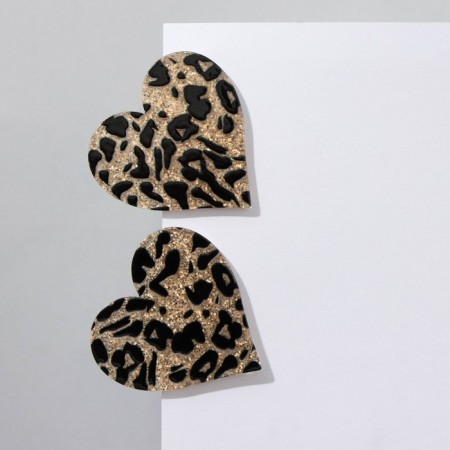 Acryl Earrings "Heart" Leopard, Golden-Cherry Color-1