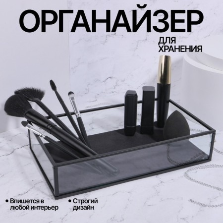 Square organizer for storage, 1 section, glass, 24 × 14 × 5 cm, transparent/black color