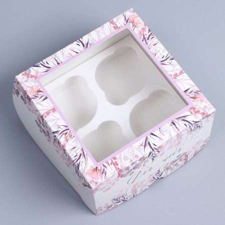 Capcake box, confectionery packaging with a window, 4 cells "Wreath", 16 x 16 x 10 cm-1