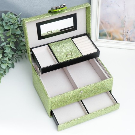 Casket to the leatherette to decorations a chest with a bow "Small squares. Green" 13.5x16.5x23 cm-2