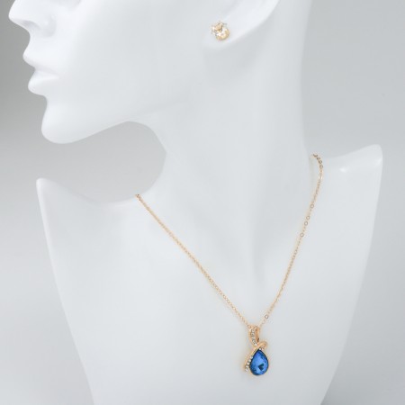 Set of 5 objects: 4 pairs fluffs, pendant “droplet”, white-blue color in gold, 40 cm-4