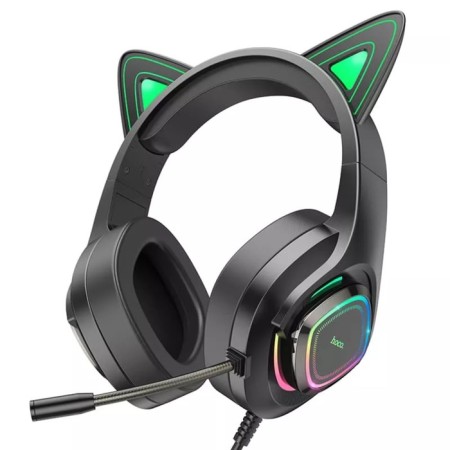 Hoco W107 cat headphones, game, full -size, luminous, microphone, 2 m, green