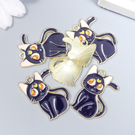 Decor for creativity metal, enamel "cat with a month" Blue 2.1x3 cm-2