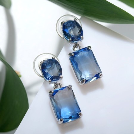 Earrings with rhinestones "Spring" oval square, blue color in silver-1