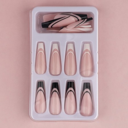 Frighting nails for adults “Black and white jacket”, 24 pcs, adhesive plates, ballerina shape, glossy white/black/pink color-3