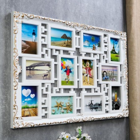 Photo frame plastic in 12 photos 10x15 cm "Labyrinth" White with a golden pattern 56.5x75.5 cm-1