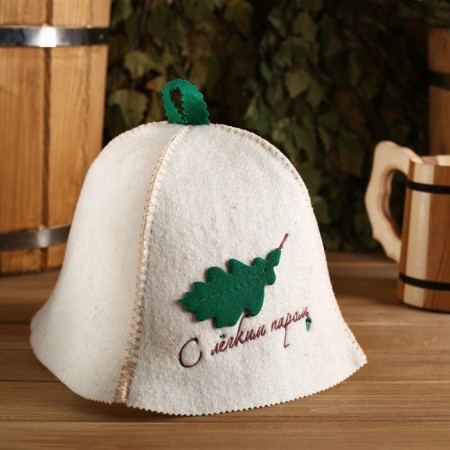 Bath cap "with a light steam" with a patch leaves, from sheep's wool